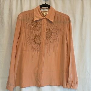 Embroidered Silk Sunflower Button Down Shirt - Peach